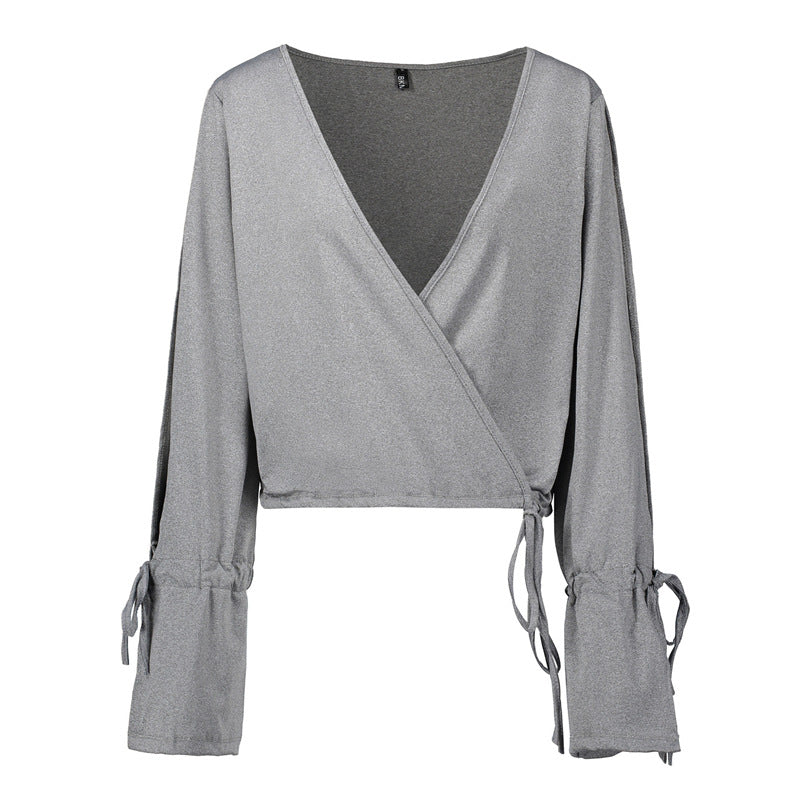 Women’s V Neck Long Sleeve Crop Top | Flared Sleeve | Loose Fit | Chic
