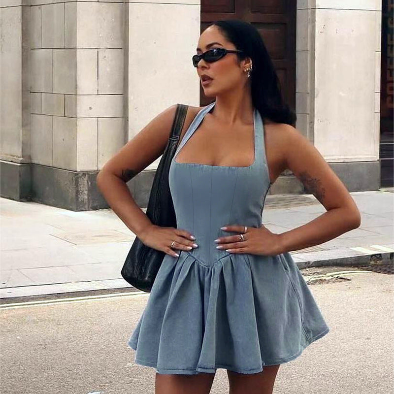 Women’s Backless Denim Sling Mini Dress | Waist Fit | Casual | Summer
