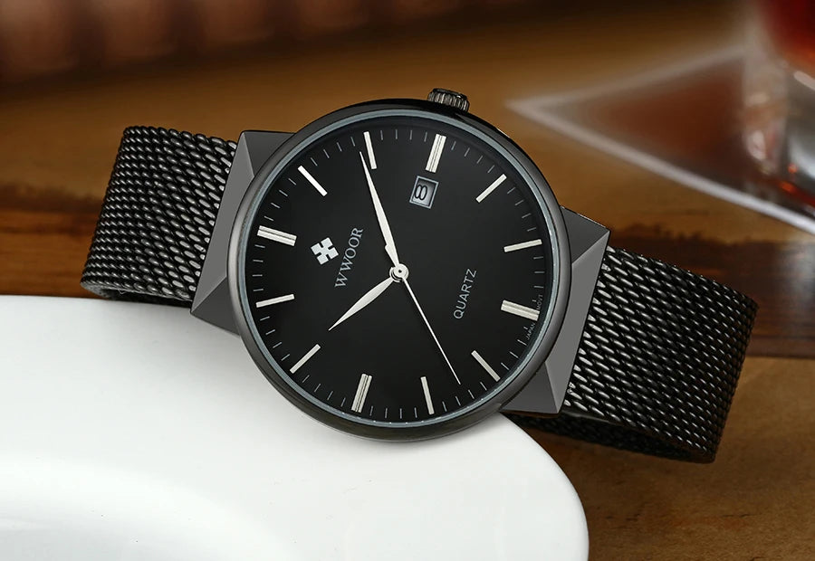 Men’s Ultra-Thin Gold Mesh Watch –Luxury Stainless Steel Waterproof Wristwatch with Date Display