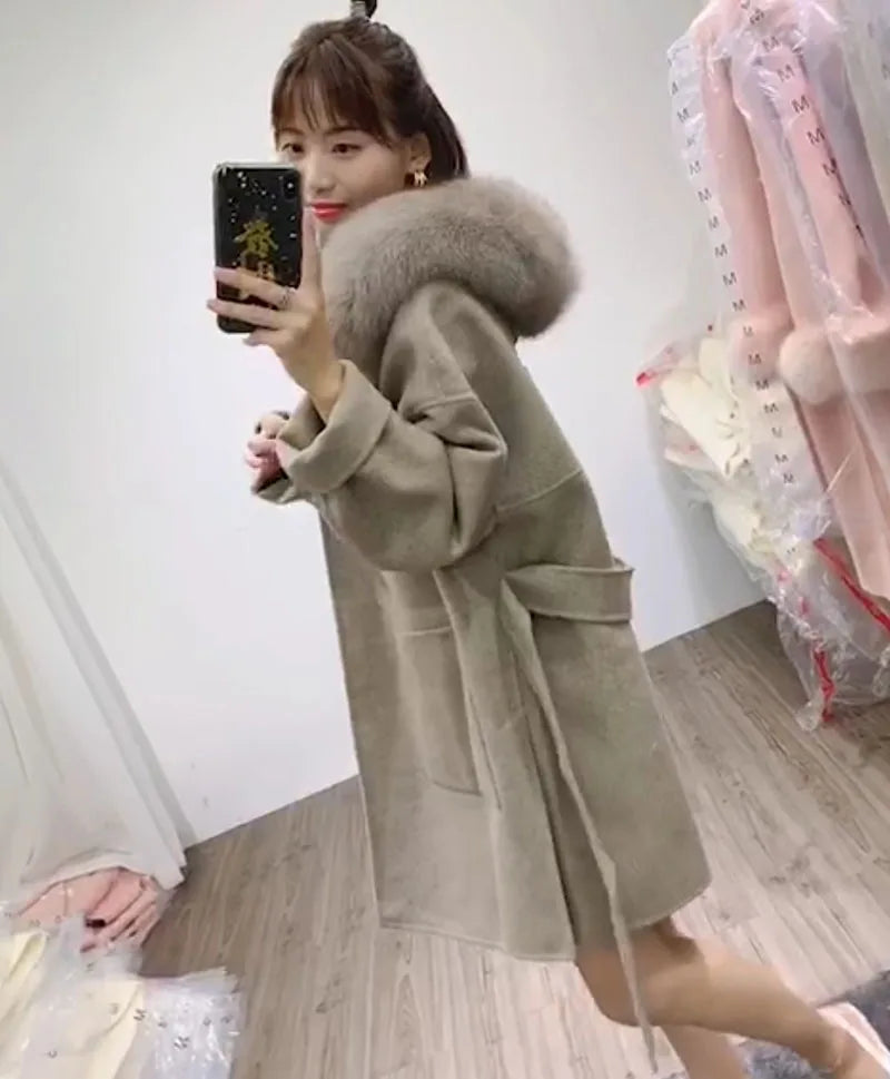 Women’s Cashmere Coat Outerwear – Long Hooded Coat with Fox Fur Trim