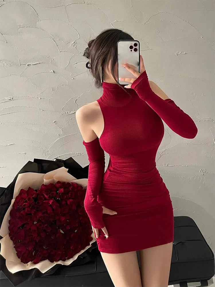 Women’s Shiny Pleated Mini Dress – High Neck Elastic Party Dress