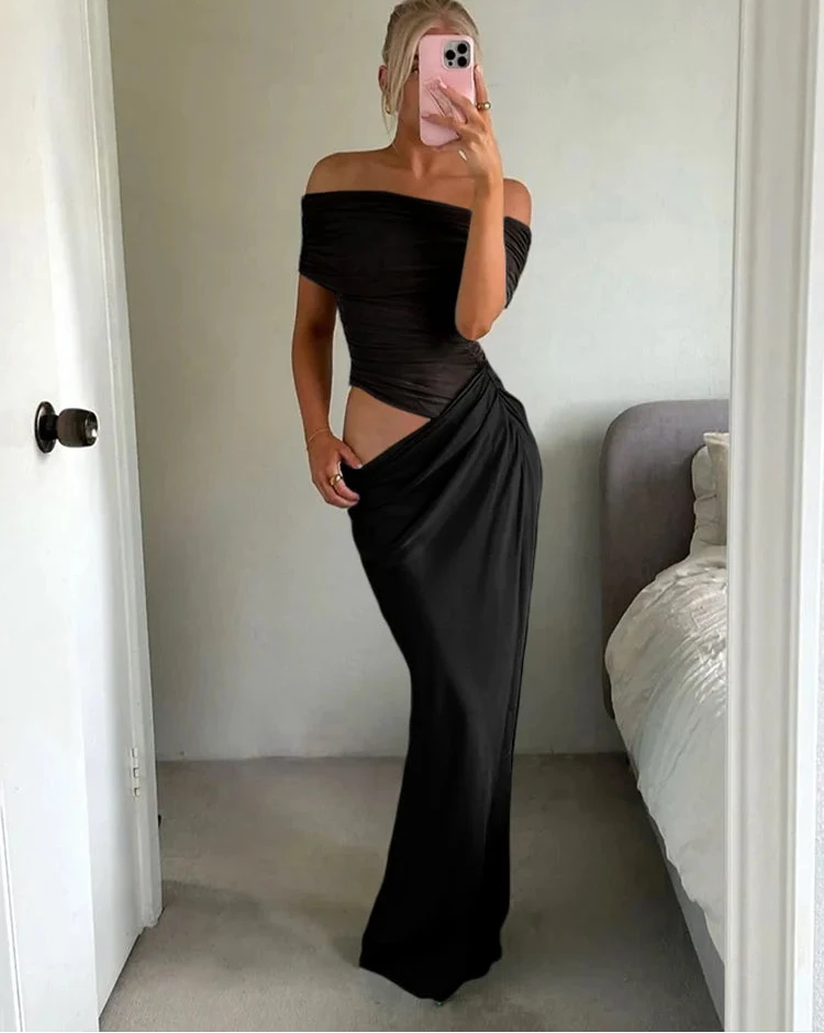Women’s Ruched Irregular Mesh Patchwork Slash Neck Short Sleeve Elegant Maxi Dress