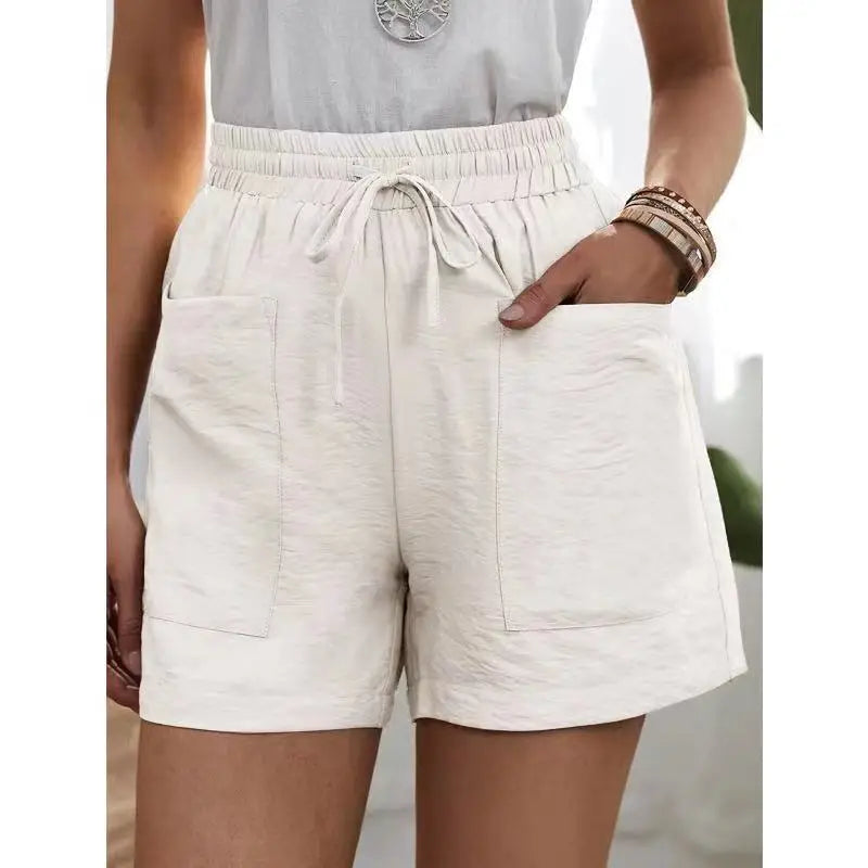 Women’s Loose Linen Shorts Bottom – High Waist Wide Leg Solid Color Casual Summer Bermuda with Pockets