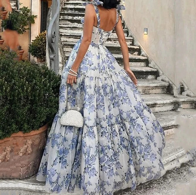 Women’s Floral Swing Maxi Dress – Elegant Shoulder Strap Summer & Beach Vacation Dress