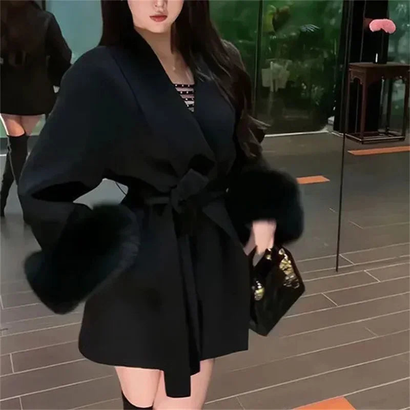 Women’s Grey Tie-Waist Woolen Cape Outerwear – Elegant Autumn Winter Coat