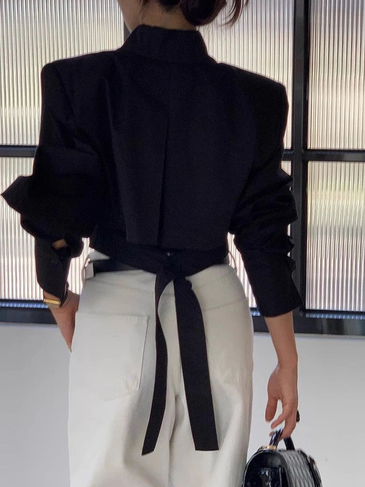 Women’s Korean Cropped White Shirt Top | Lace-Up Back Vintage Blouse | Elegant Hollow Out Long Sleeve Spring Top
