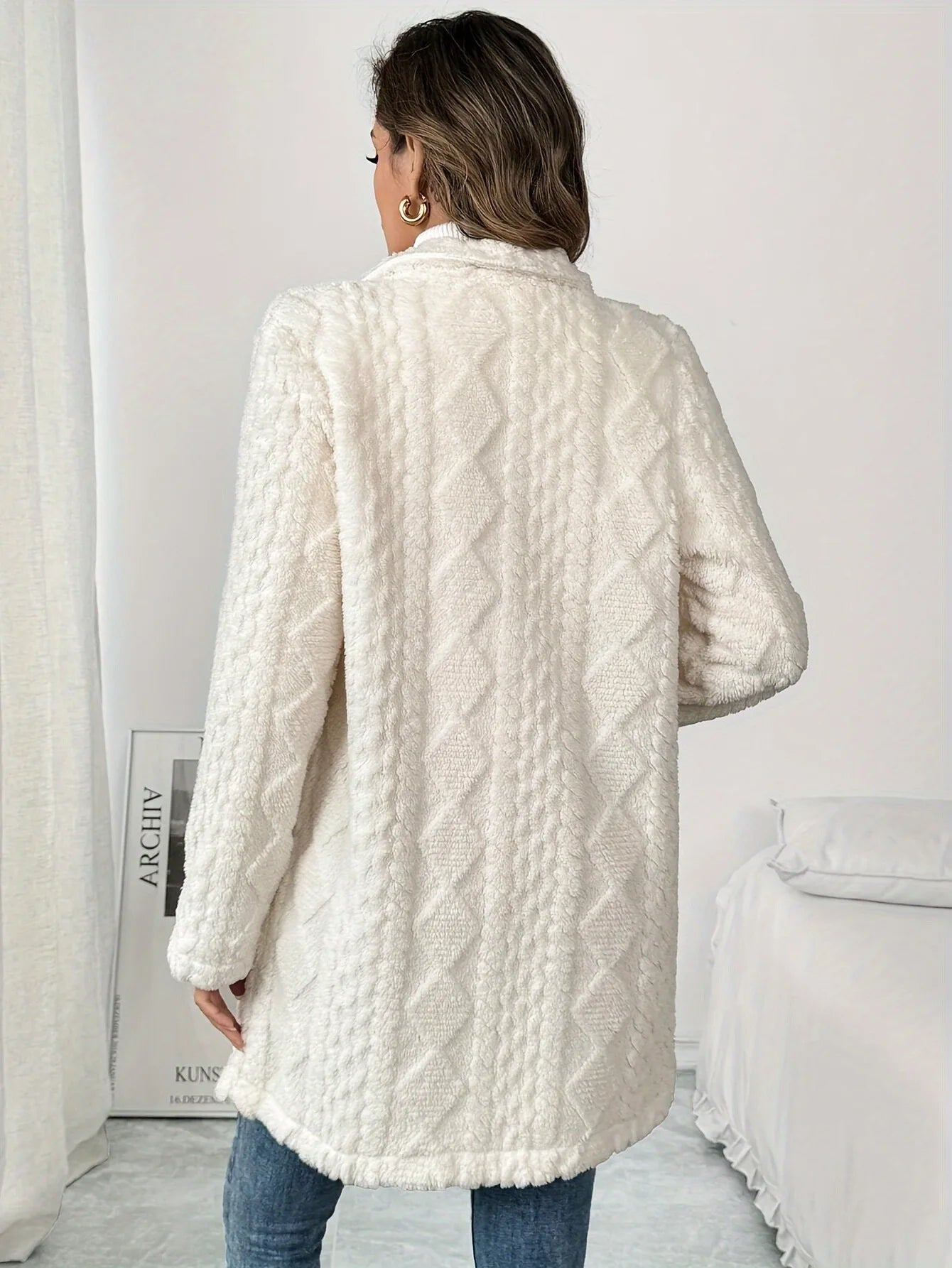 Women’s White Plush Warm Outerwear – Thick Soft Winter Coat with Long Sleeves