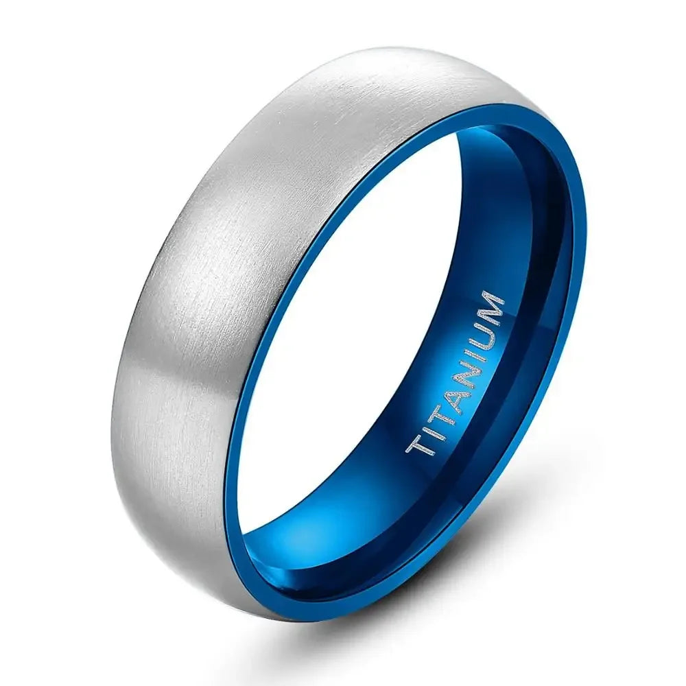 Men’s Titanium Ring – Silver 6mm Band with Black & Blue Interior Jewelry