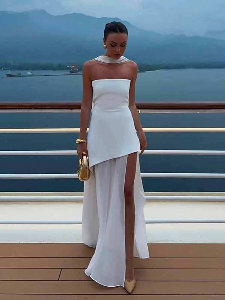 Women’s Lace Hollow Out Strapless Gown – Elegant Off Shoulder Backless Maxi Dress for Party & Evening Events