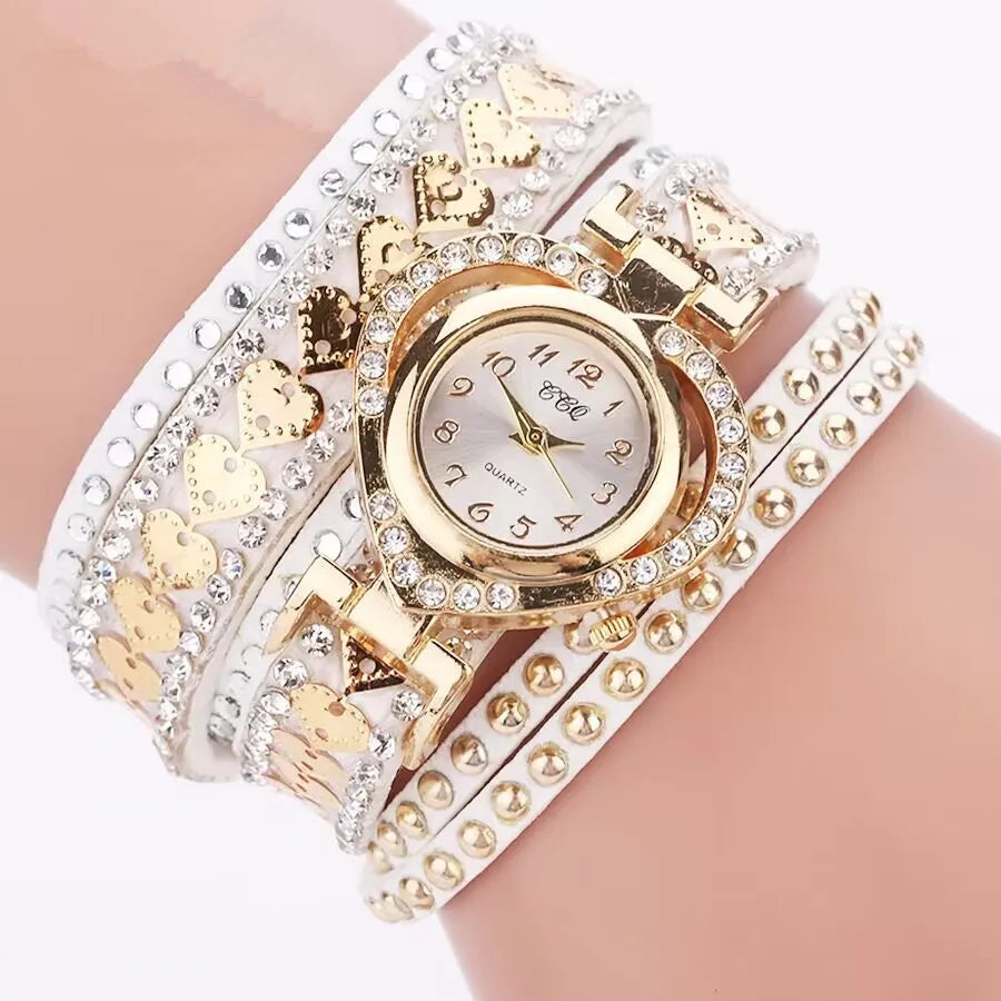 Women’s Rhinestone Heart Dial Watch | Elegant | Velvet Band | Fashion Jewelry Set