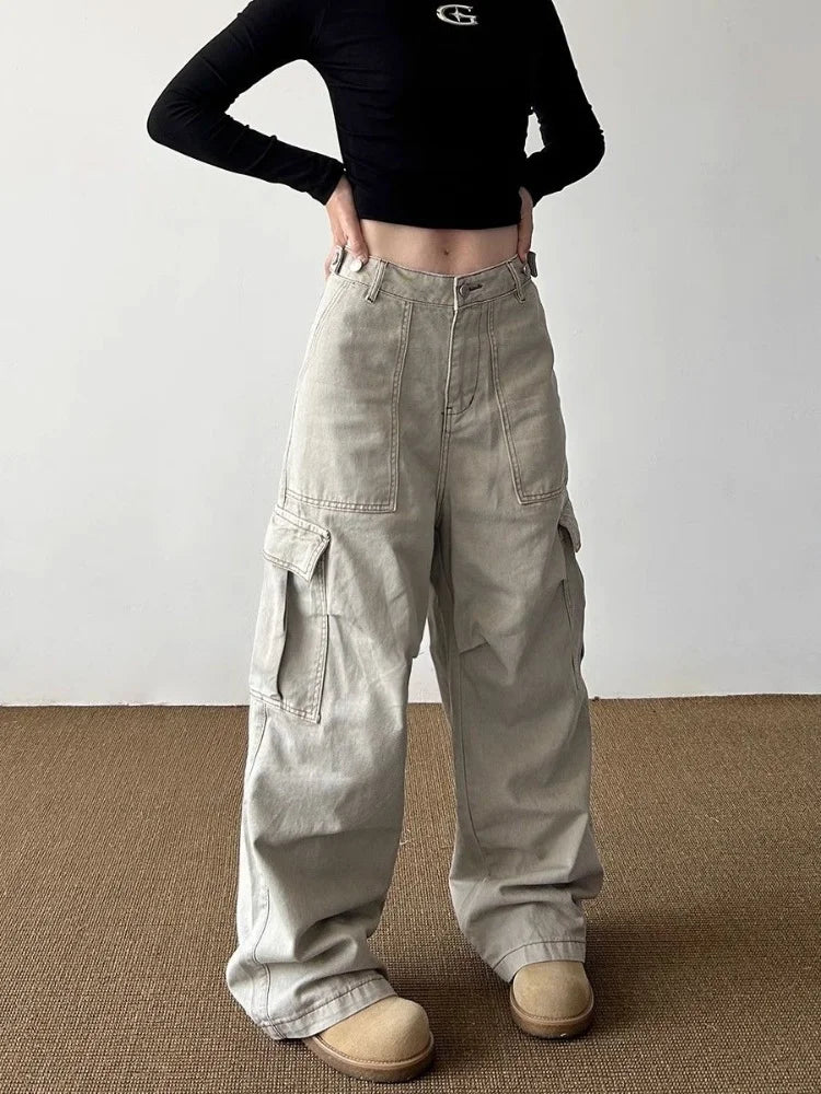 Women’s Y2K Light Khaki Baggy Cargo Jeans Bottom – Wide Leg Casual Streetwear