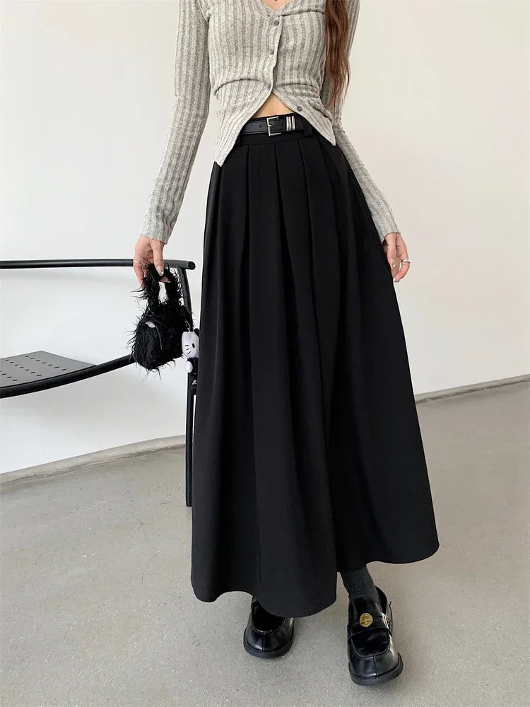 Women’s Pleated Long Skirt Bottom – Solid Color Mid-Length Large Swing Skirt Versatile Elegant Style