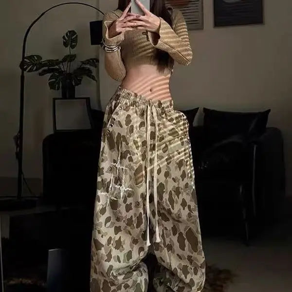 Women’s Vintage Camouflage Print Pants – Y2K High Waist Jazz Style Loose Casual Bottoms
