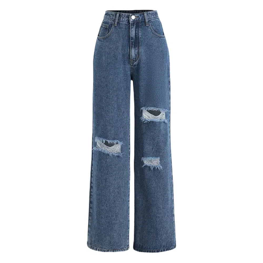 Women’s Ripped Denim Bottom – High Waist Distressed Hole Jeans, Vintage Straight Ankle-Length Pants