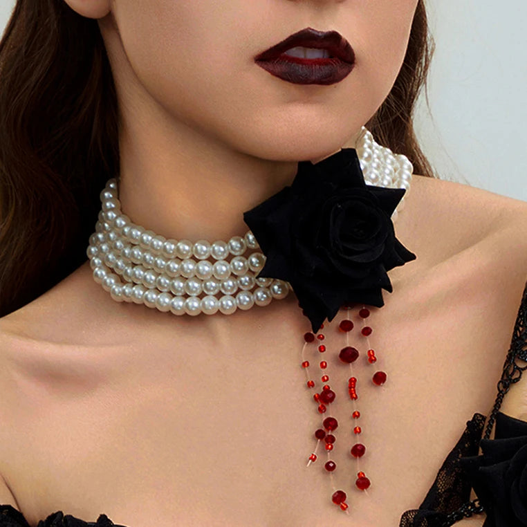 Women’s Jewelry Pearl Rose Choker Necklace | Goth | Red Crystal | Halloween