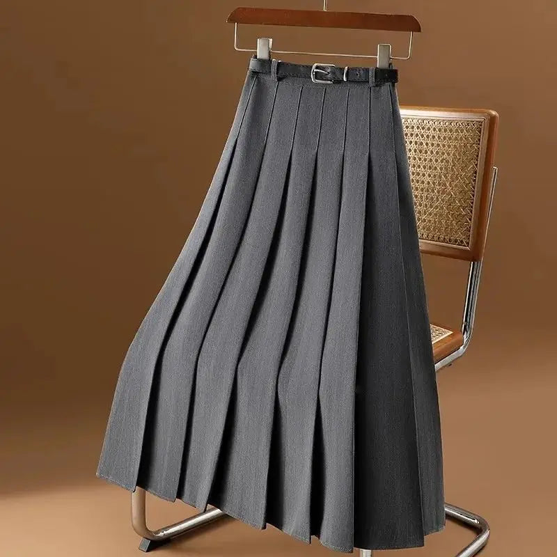 Women’s Gray High Waist A-Line Skirt Bottom – Solid Folded Office Casual Mid-Calf Loose Skirt