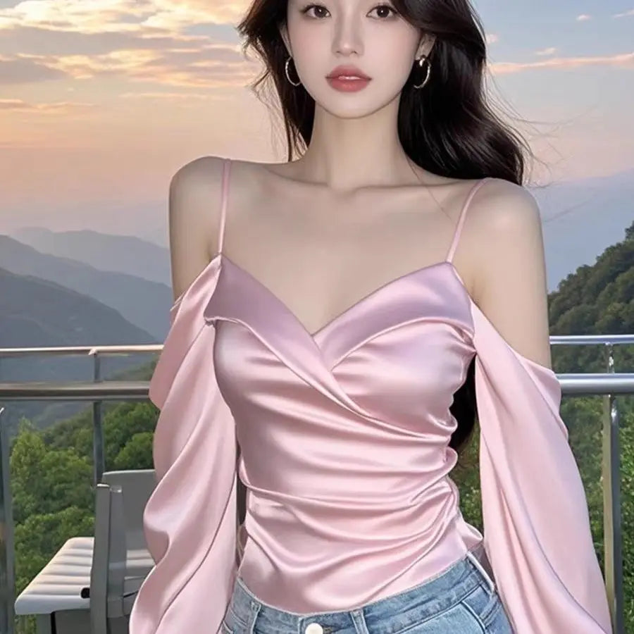 Women’s French Satin Off-Shoulder Blouse – Elegant Slash Neck Strap Top | Slim Fit Pink Shirt