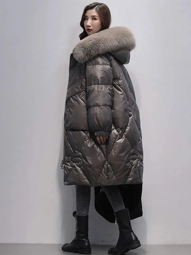 Women’s Cotton Puffer Outerwear – Long Padded Fur Collar Jacket