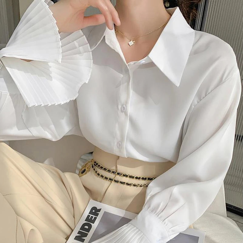 Women’s Flare Sleeve Button-Up Shirt Top – Elegant Office Blouse Fall Fashion
