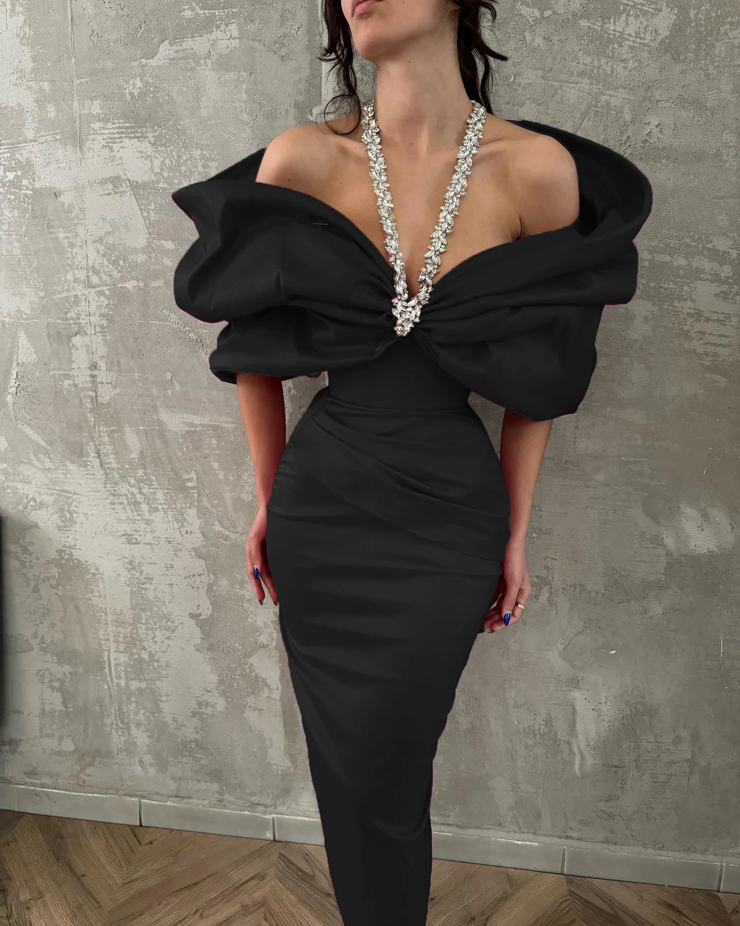 Women’s Red & Black Crystal Halter Dress – Off-Shoulder Ruffled Long Bandage Evening Party Dress