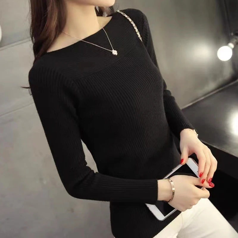 Women’s Ribbed Slash Neck Slim Sweater – Knitted Long Sleeve Office Pullover, Solid Casual Autumn Top