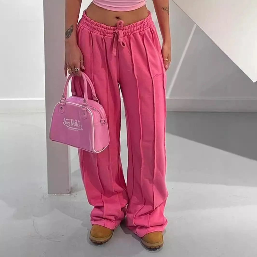 Women’s Mid Waist Wide Leg Pants Bottom – Elegant Office Trousers with Drawstring Loose Fit Y2K Streetwear