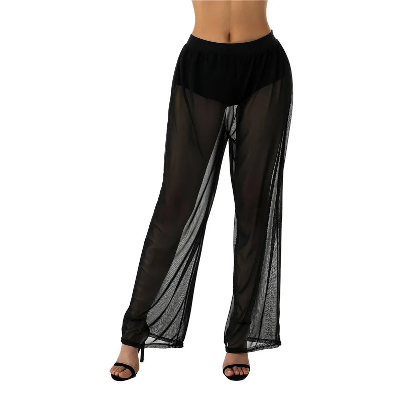 Women’s Cover-Up Pants Bottom – Sheer See-Through Bikini Swimsuit Cover-Up with Elastic Waist and Wide Leg Palazzo Style