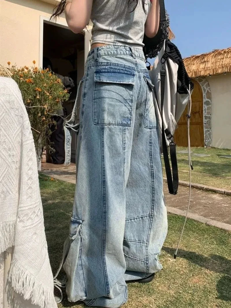 Women’s Baggy Jeans Bottom – Y2K Streetwear Wide-Leg Denim Pants with Tooling Pockets Hip Hop Oversized Style