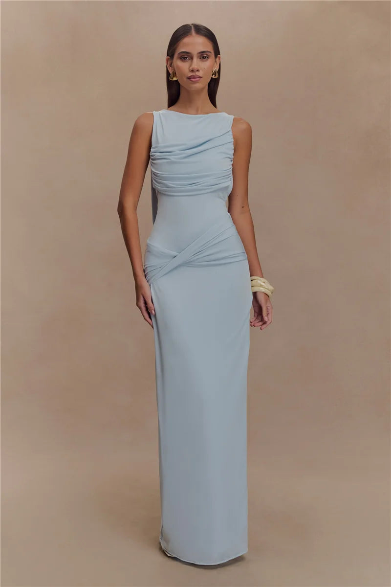 Women’s Backless Ruched Maxi Dress – Elegant Sleeveless High Split Summer Evening Gown