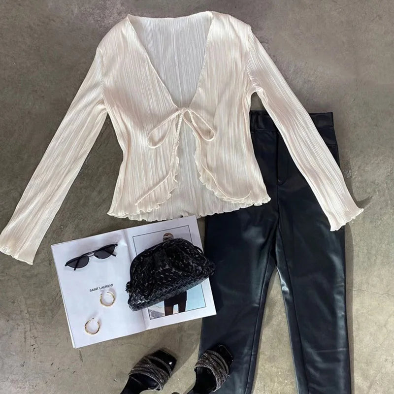 Women’s Pleated Plain V-Neck Tie-Up Top | Chic Long Flare Sleeve Spring/Fall Shirt | Casual & Streetwear Fashion Top