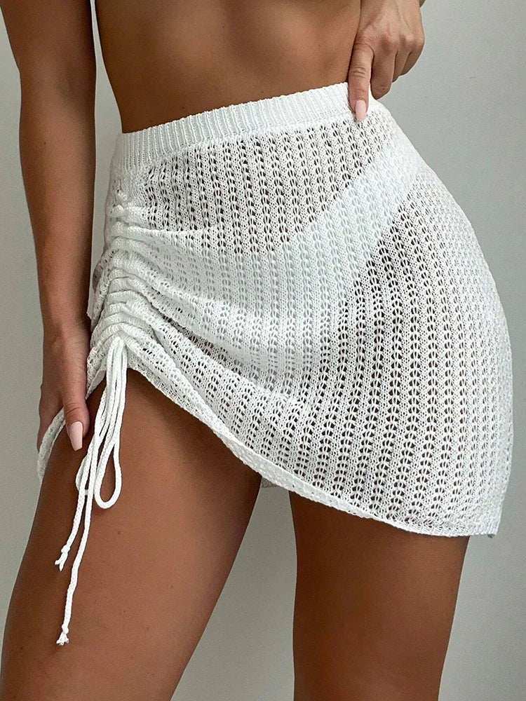 Women’s Hollow Knit Skirt Bottom – Fashion Drawstring Pareo Skirt for Summer Beach Pool Party