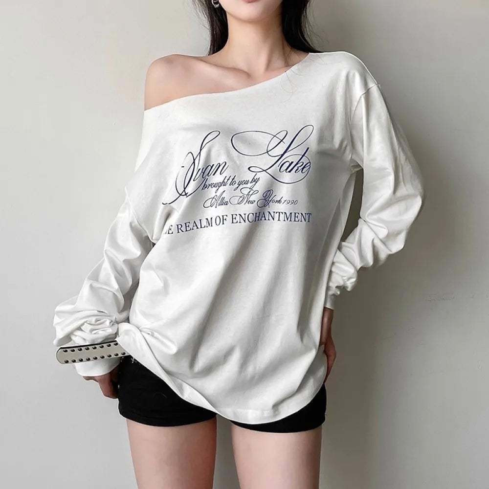 Women’s Asymmetrical Letter Print Strapless Long Sleeve Casual Top