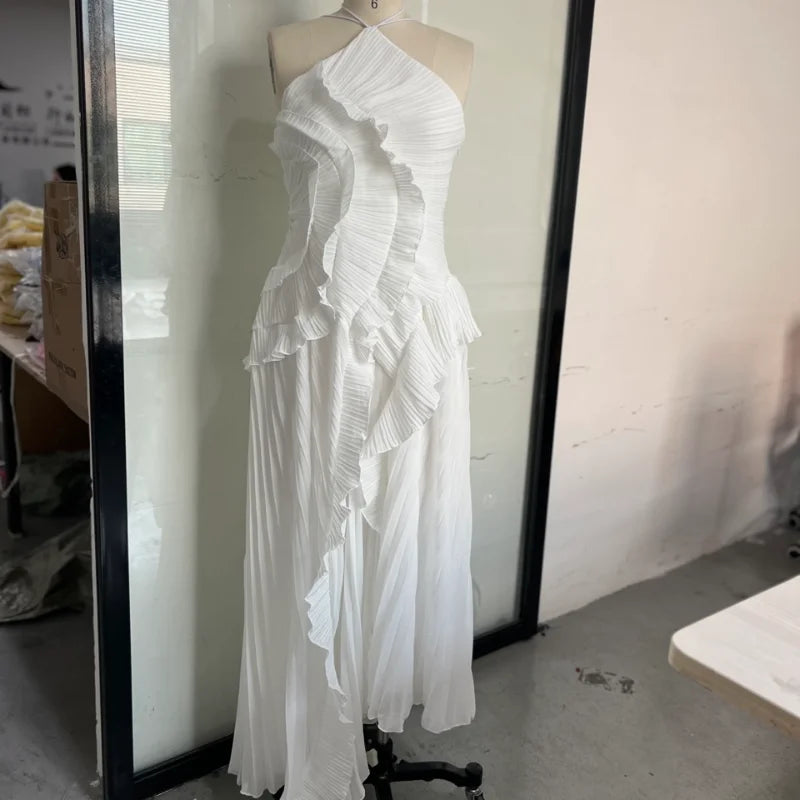 Women’s Halter Neck Ruffled Gown – Elegant Sleeveless Backless High Waist Irregular Long Dress