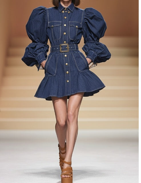 Women’s Denim Mini Dress | Puff Sleeve | Belted | Mini