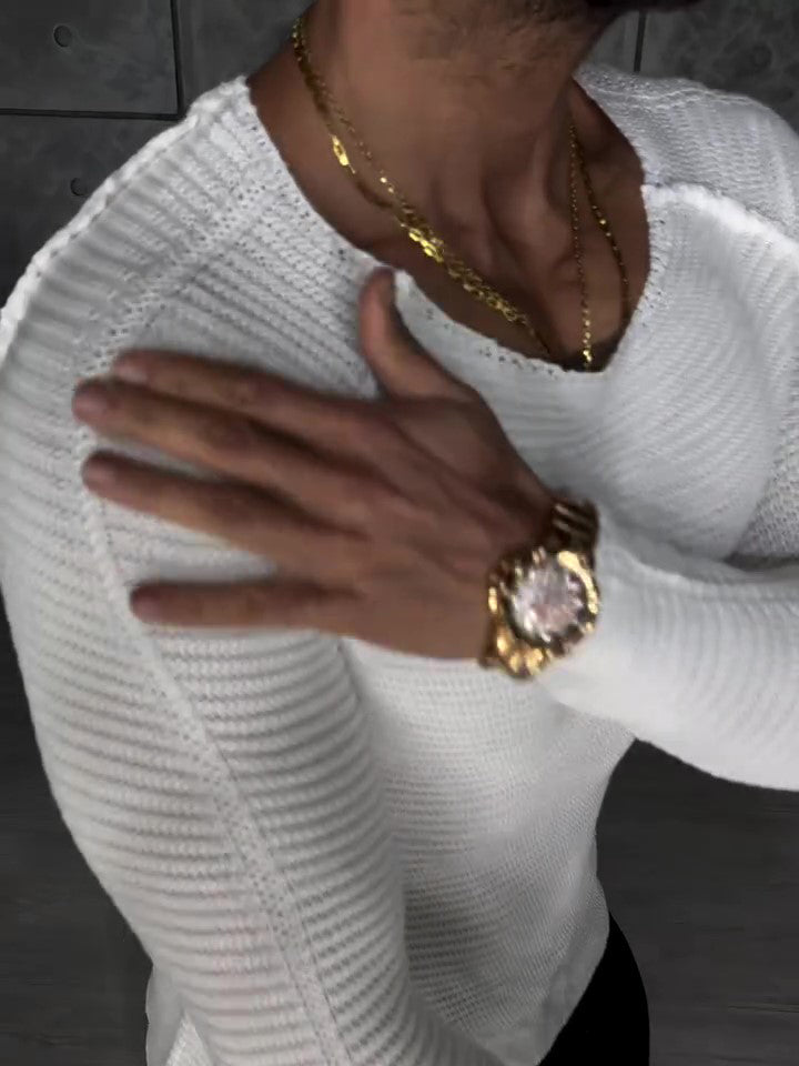 Men’s Knit Long Sleeve Top | Slim Fit | White | Casual