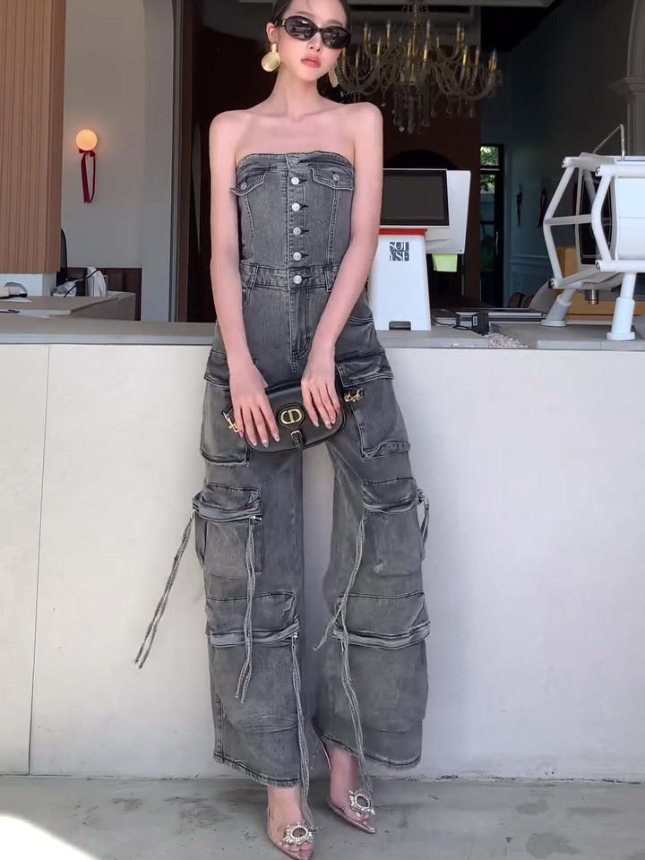 Women’s Denim Tube Jumpsuit | Strapless | Single Breasted | Chic