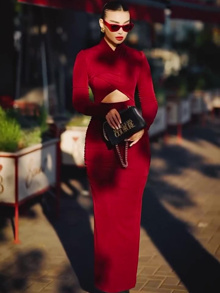 Women’s Cutout Long Sleeve Slim Fit Maxi Dress | Burgundy Red | Elegant | Party