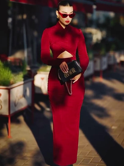 Women’s Cutout Long Sleeve Slim Fit Maxi Dress | Burgundy Red | Elegant | Party