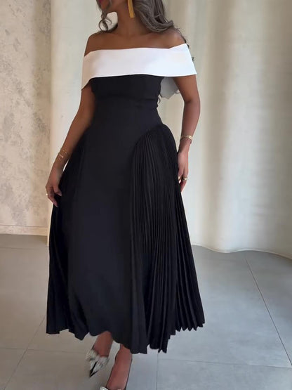 Women’s Off Shoulder Pleated Maxi Dress | Contrast | Elegant | Chic