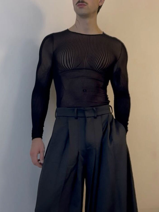 Men’s Mesh Long Sleeve Top | Sheer | Black | Chic