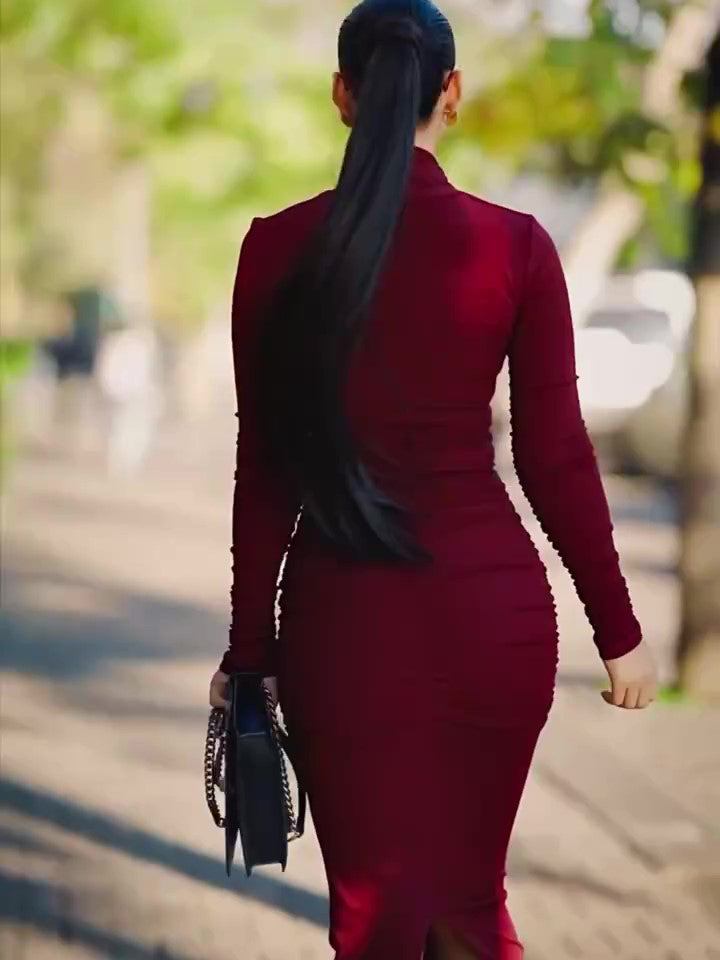 Women’s Cutout Long Sleeve Slim Fit Maxi Dress | Burgundy Red | Elegant | Party