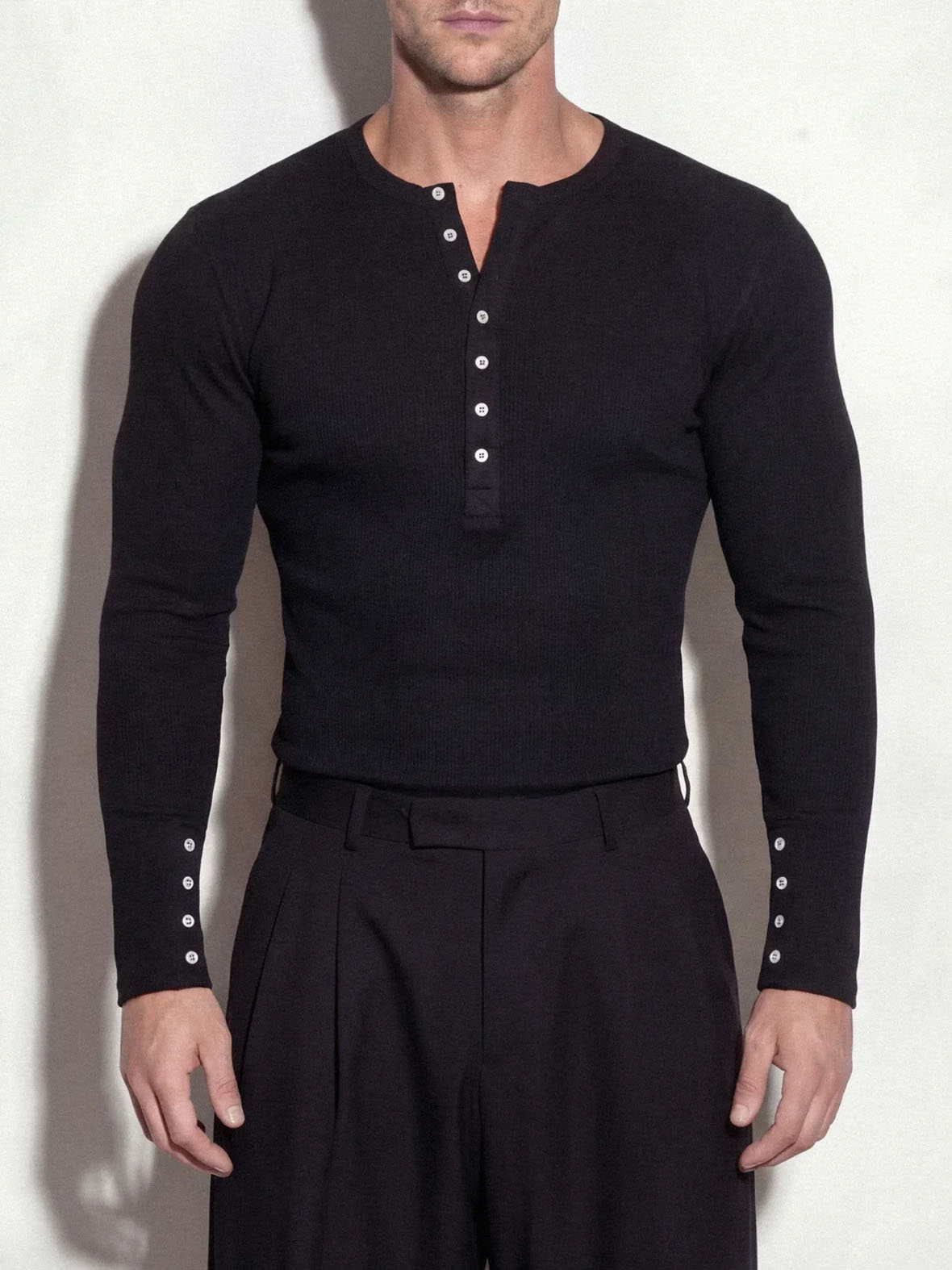 Men’s Ribbed Henley Neck Knit Top | Slim Fit | Long Sleeve | Black