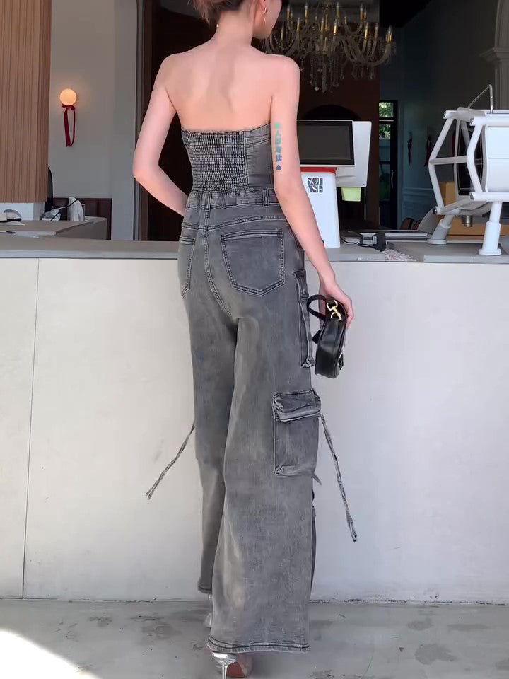 Women’s Denim Tube Jumpsuit | Strapless | Single Breasted | Chic