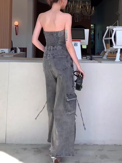 Women’s Denim Tube Jumpsuit | Strapless | Single Breasted | Chic