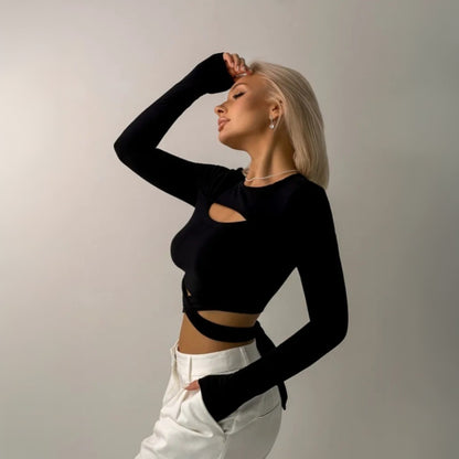Women’s Slim Fit Hollow Out Crop Top | Round Neck | Strap | Chic