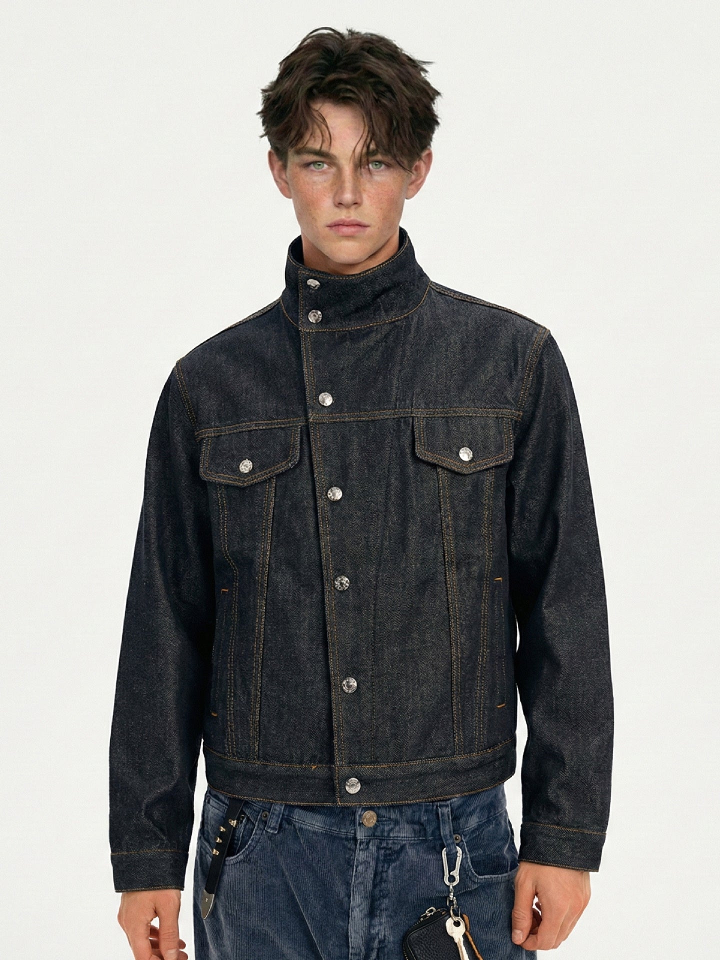 Men’s Stand Collar Denim Jacket Outerwear | Dark Indigo | Casual | Streetwear