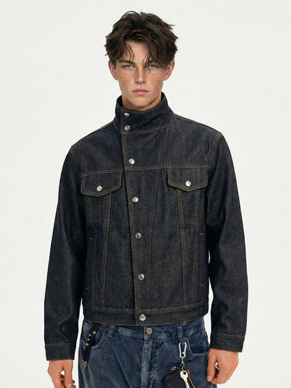 Men’s Stand Collar Denim Jacket Outerwear | Dark Indigo | Casual | Streetwear