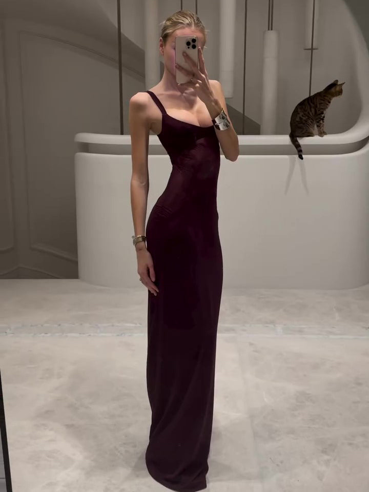Women’s Mesh Patchwork Suspender Maxi Dress | Burgundy | Elegant | Party