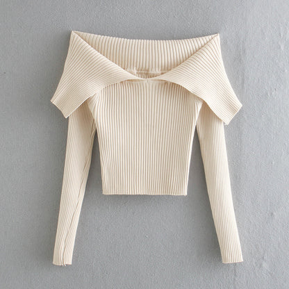 Women’s Off Shoulder Knitted Crop Top | Large Lapel | Chic | Casual