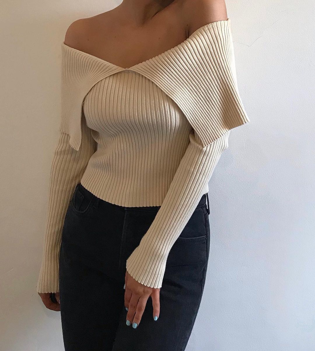 Women’s Off Shoulder Knitted Crop Top | Large Lapel | Chic | Casual